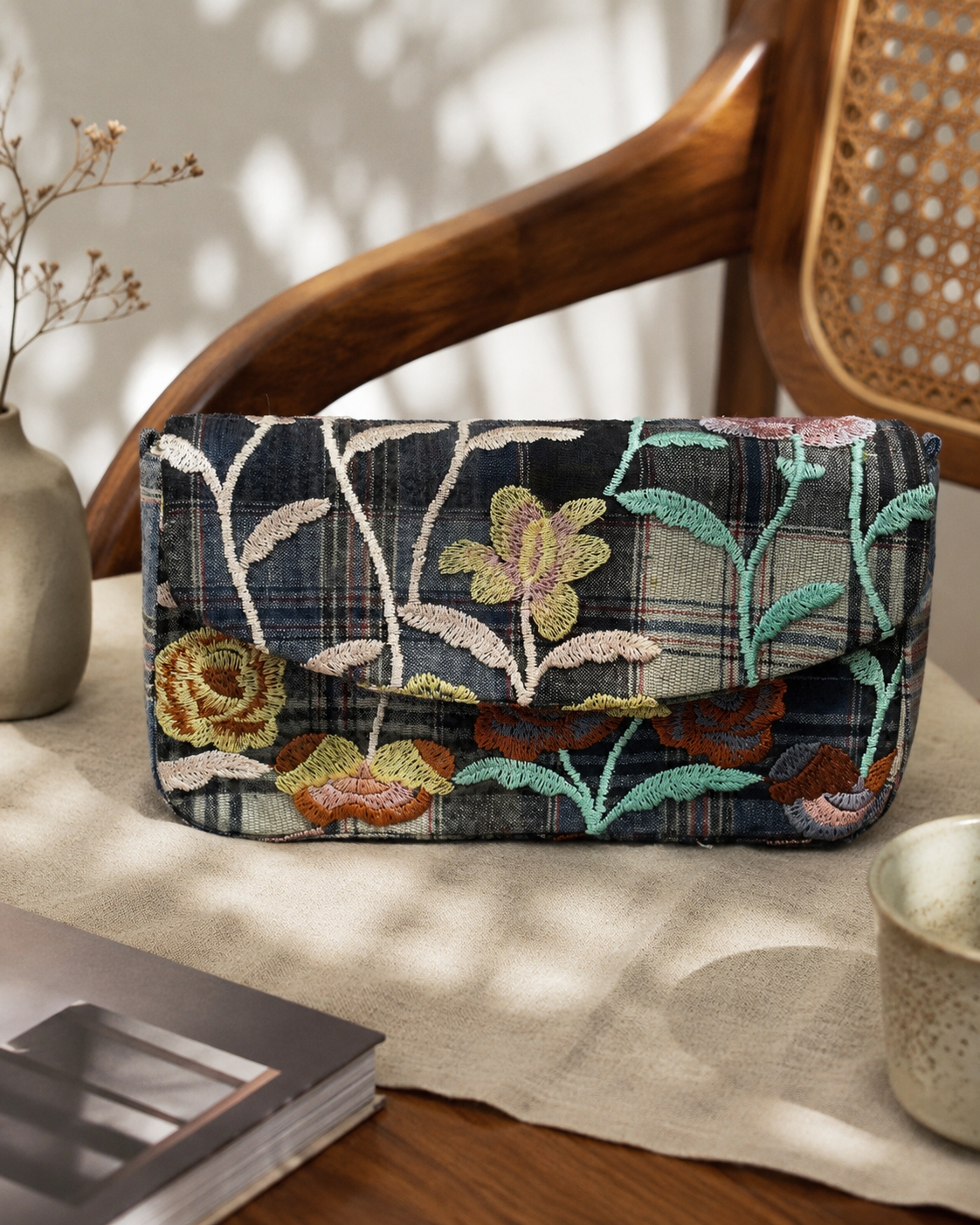 Textile objects arranged as a colorful still life