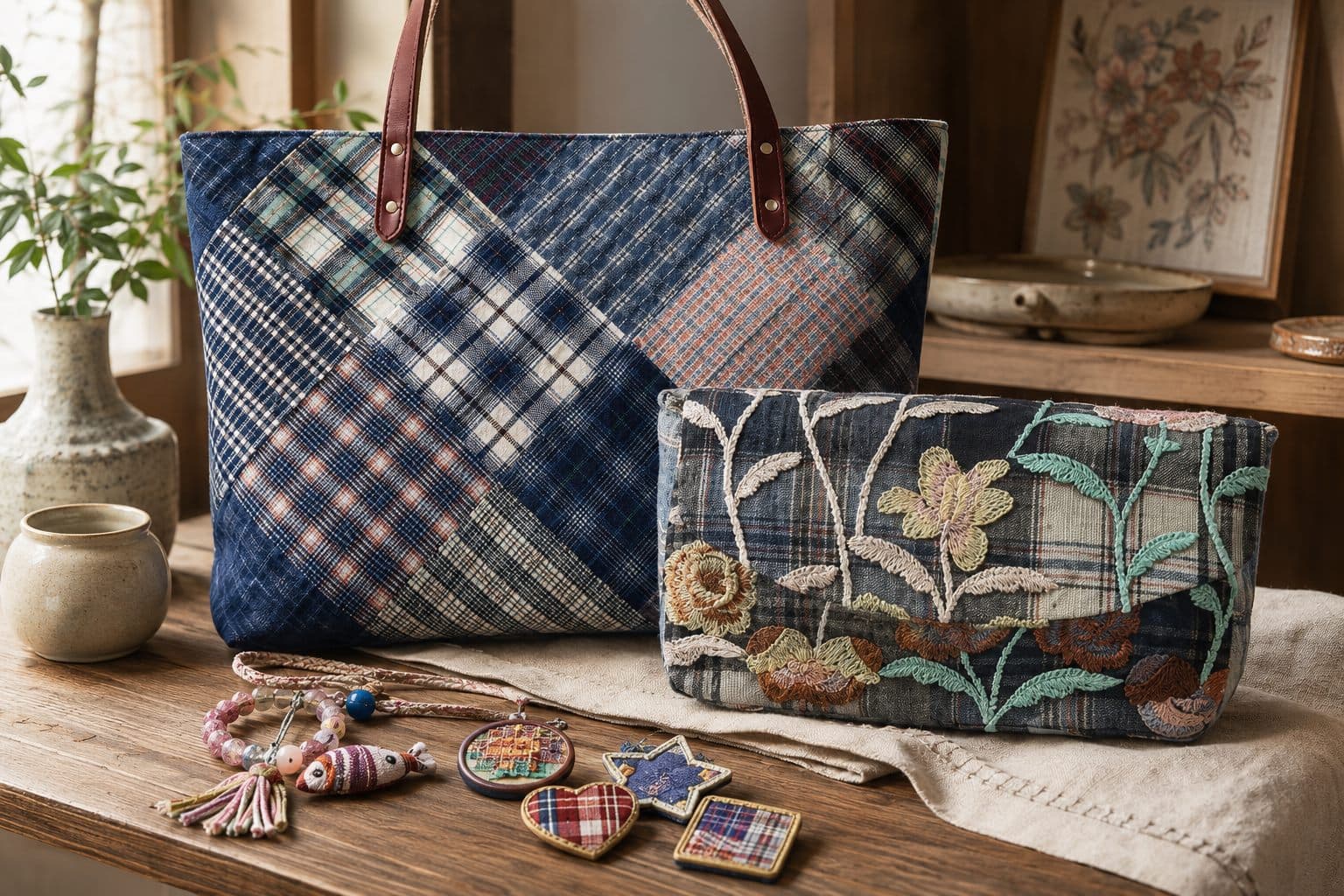 A handcrafted patchwork tote and embroidered textile pieces.