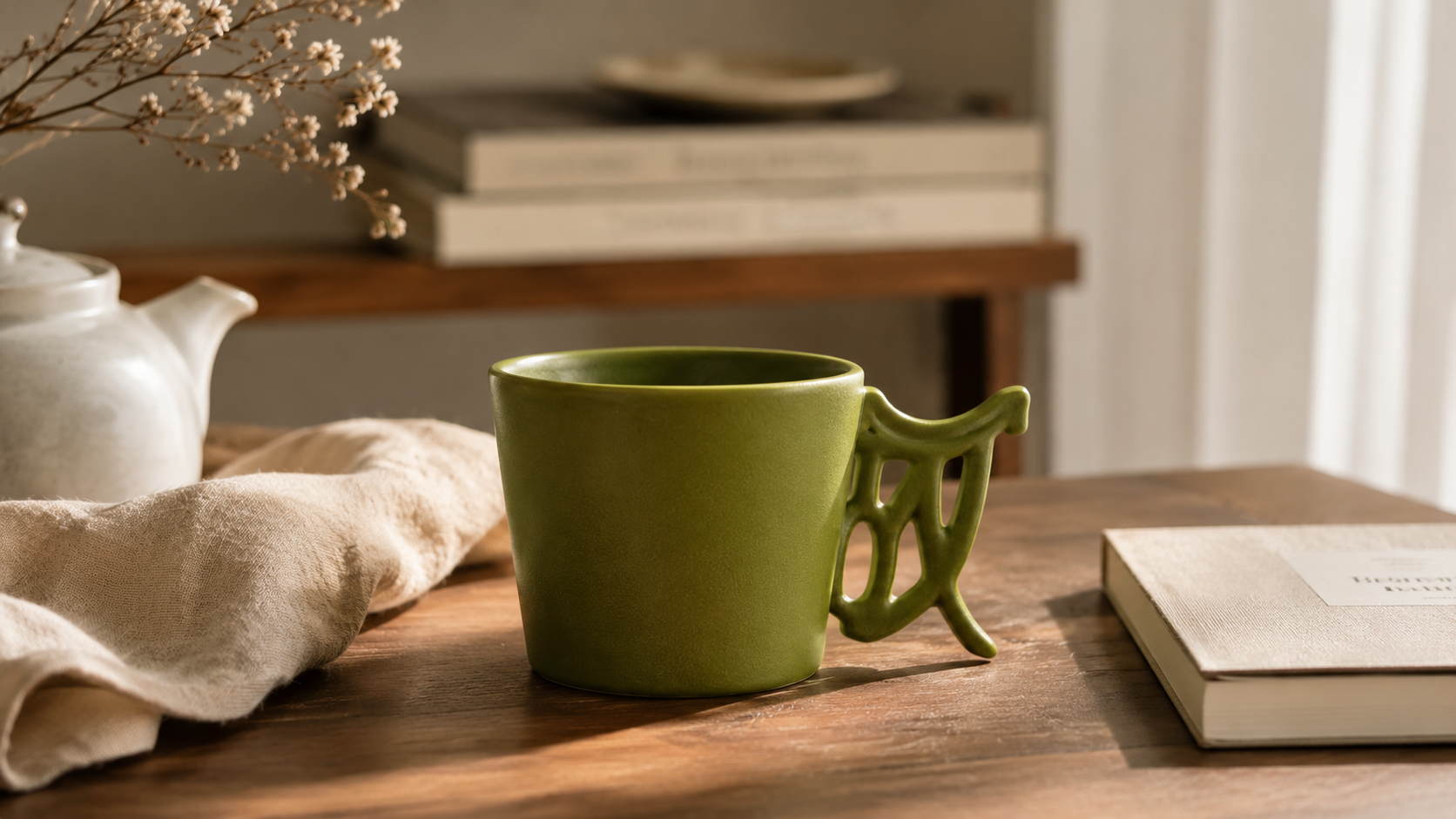 A sculptural green tea cup beside a book in soft morning light