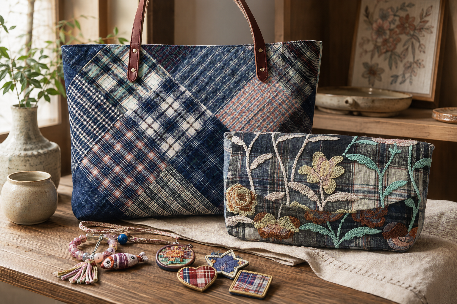 Textile craft objects arranged in a quiet interior